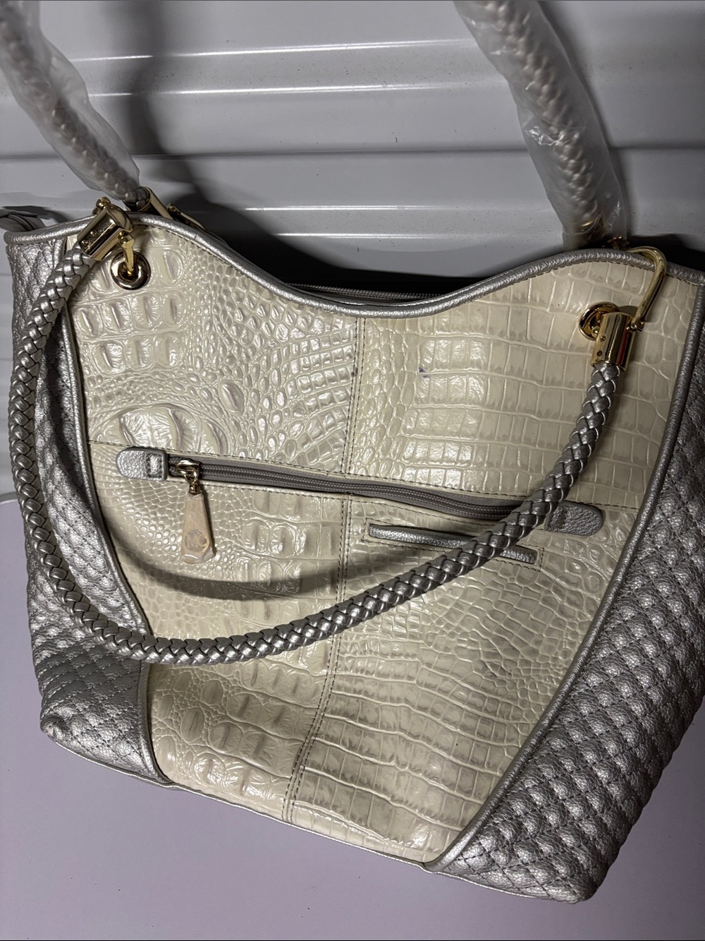 Madi Claire Cream and Silver Geniune Leather Croc-Texture Tote with Tassel - Picture 5 of 6